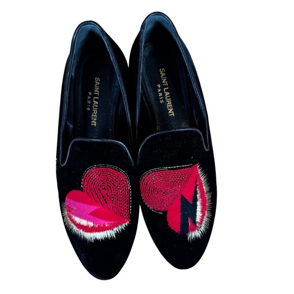 Saint Laurent Black Velvet Heart Smoking Loafer Shoes Size 37.5 - Picture 2 of 9